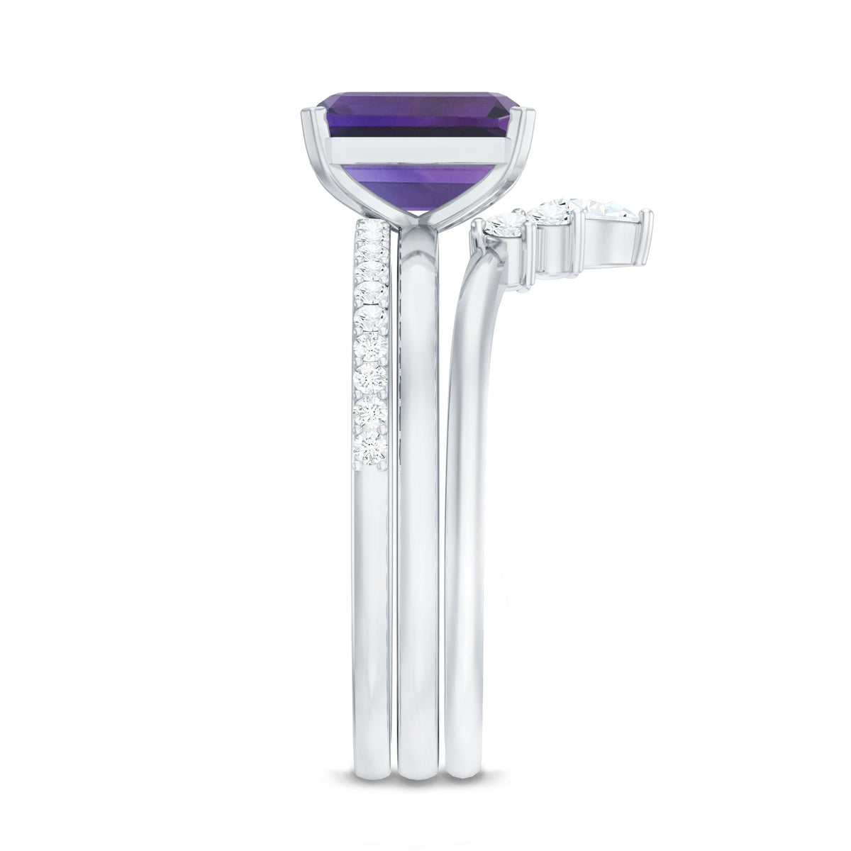 Natural 1.4 carat amethyst bridal ring set with diamonds, featuring three elegant rings from Rosec Jewels.