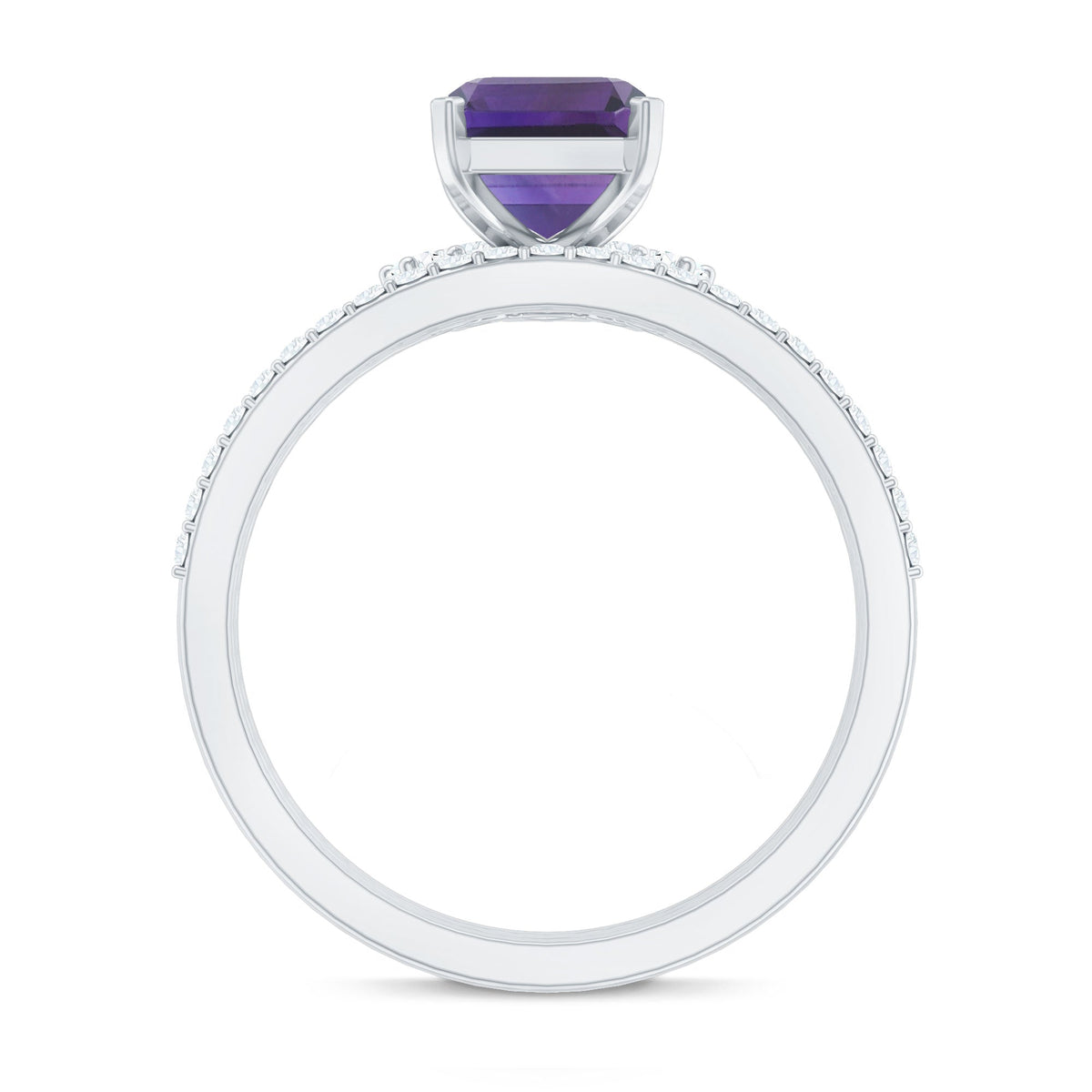 Natural 1.4 Carat Amethyst and diamond bridal ring set by Rosec Jewels, featuring three elegant rings with purple gemstone accents.