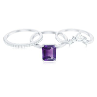 Natural 1.4 carat amethyst bridal ring set with diamond accents by Rosec Jewels, featuring three elegant rings with purple gemstone and diamonds.