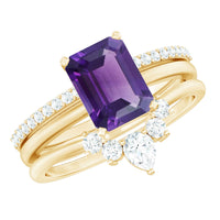 Natural 1.4 carat amethyst bridal ring set with diamond accents by Rosec Jewels, featuring three elegant rings in a matching design.