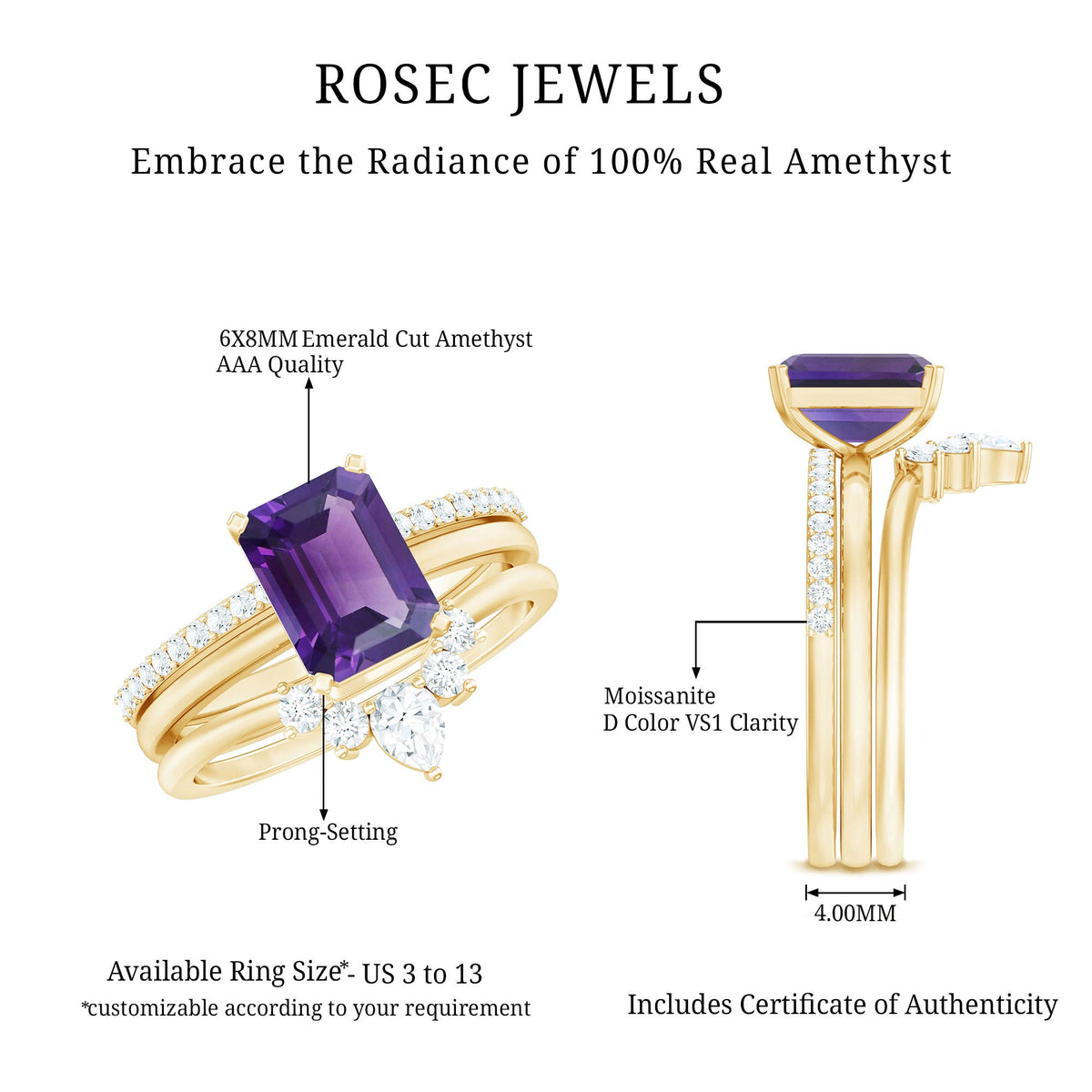 Natural 1.4 carat amethyst bridal ring set with diamond accents by Rosec Jewels, featuring three elegant rings with purple gemstones.