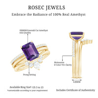 Natural 1.4 carat amethyst bridal ring set with diamond accents by Rosec Jewels, featuring three elegant rings with purple gemstones.