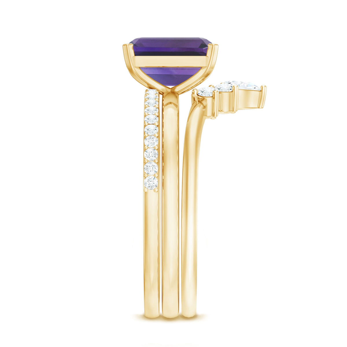 Natural 1.4 carat amethyst bridal ring set with diamond accents, featuring three elegant rings from Rosec Jewels.