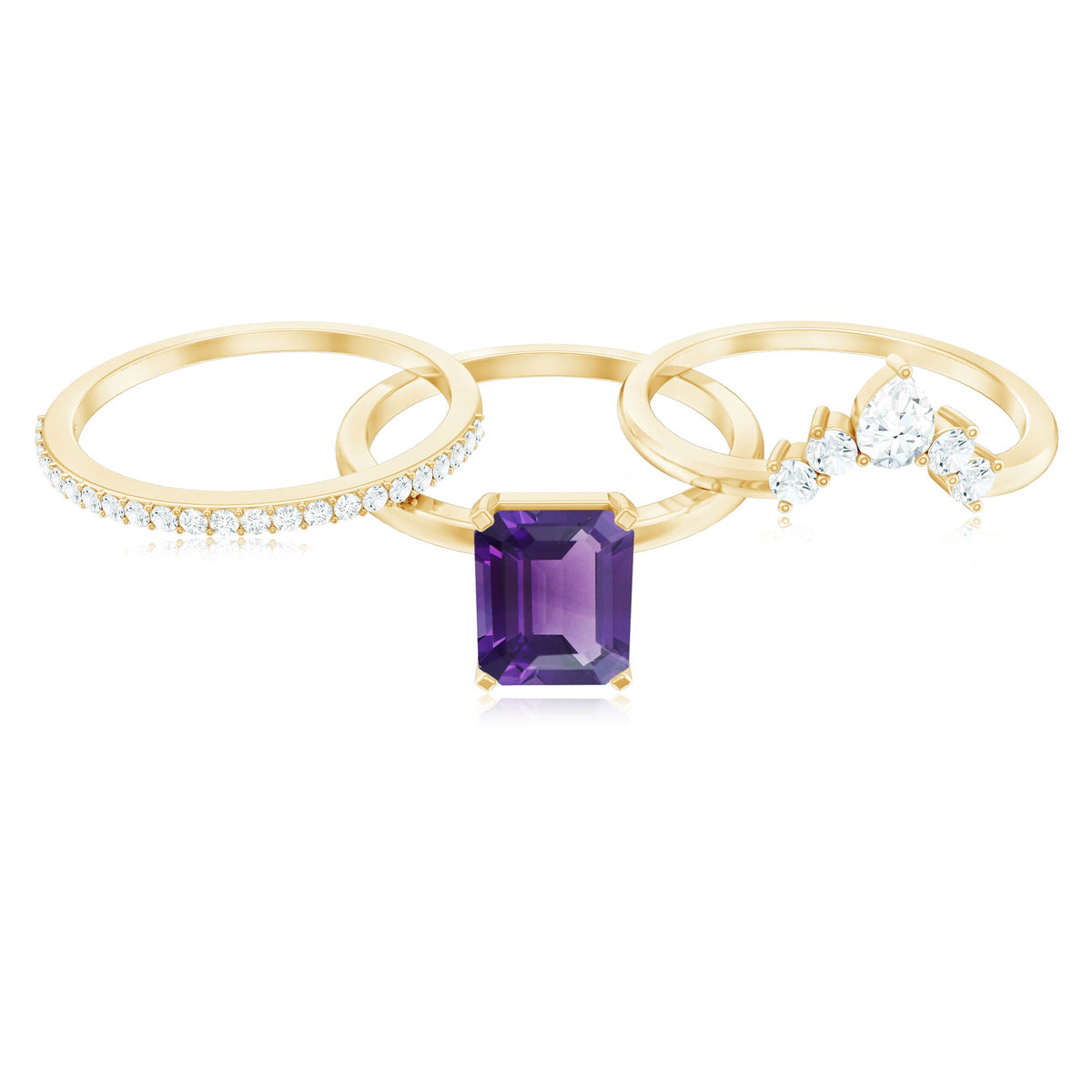 Natural 1.4 carat amethyst bridal ring set with diamonds from Rosec Jewels, featuring three elegant rings with purple gemstone accents.
