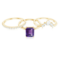 Natural 1.4 carat amethyst bridal ring set with diamonds from Rosec Jewels, featuring three elegant rings with purple gemstone accents.