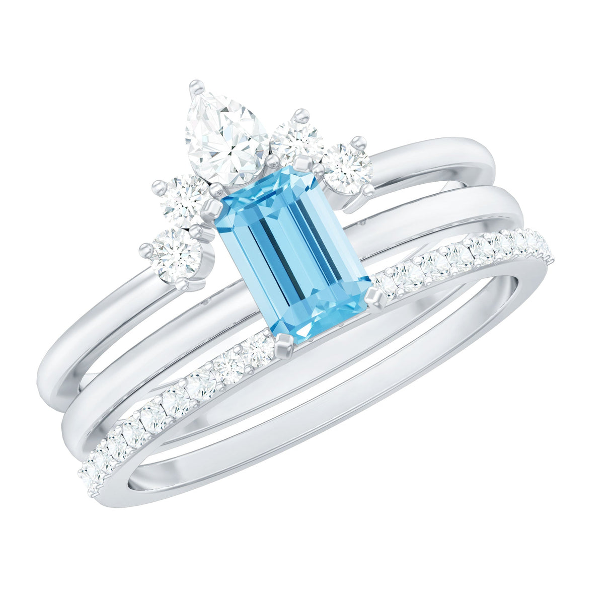 Three emerald cut aquamarine solitaire rings with diamond accents on a gold band, showcasing elegant jewelry from Rosec Jewels.