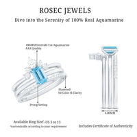 Set of three emerald cut aquamarine solitaire rings with diamond accents from Rosec Jewels, showcasing elegant gemstone designs.