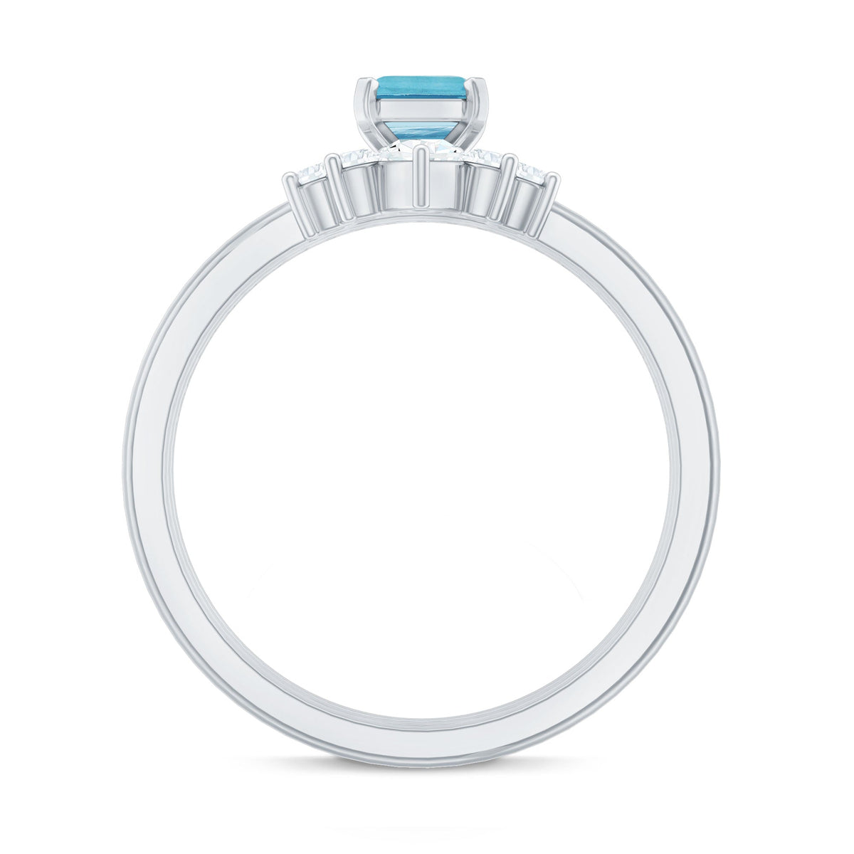 Set of three Rosec Jewels emerald cut aquamarine solitaire rings with diamonds, showcasing elegant gemstone and metal band details.