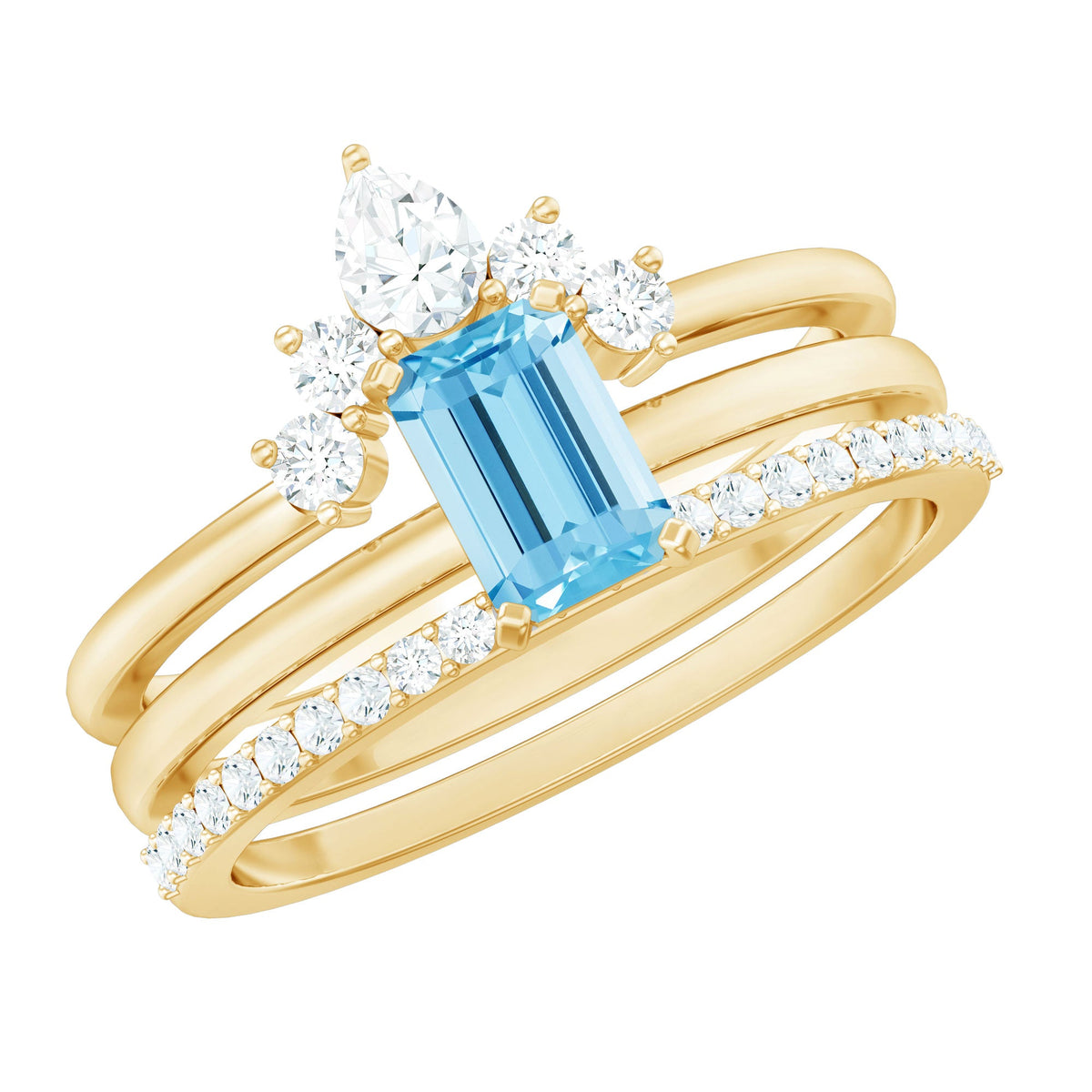 Three emerald cut aquamarine solitaire rings with diamond accents from Rosec Jewels, showcasing elegant gemstone settings.