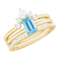 Three emerald cut aquamarine solitaire rings with diamond accents from Rosec Jewels, showcasing elegant gemstone settings.