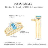 Set of three emerald cut aquamarine solitaire rings with diamond accents by Rosec Jewels, featuring elegant gemstone and sparkling design.