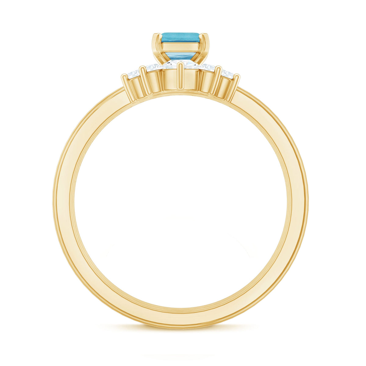 Set of three rose gold aquamarine solitaire rings with emerald cut stones and diamond accents by Rosec Jewels.