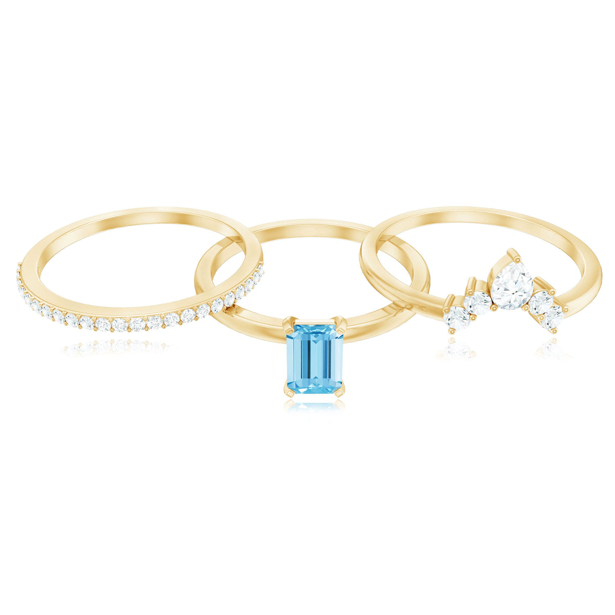 Set of three Rosec Jewels emerald cut aquamarine solitaire rings with diamond accents, showcasing elegant gemstone and silver band details.