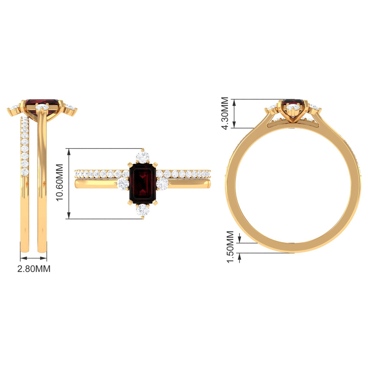 Natural Emerald Cut Garnet Diamond Wedding Bridal Ring Set of 2