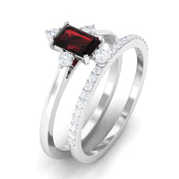 Natural Emerald Cut Garnet Diamond Wedding Bridal Ring Set of 2