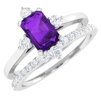 Emerald cut 1.4 carat amethyst engagement and wedding ring set with diamond accents by Rosec Jewels, showcasing elegant gemstone details.