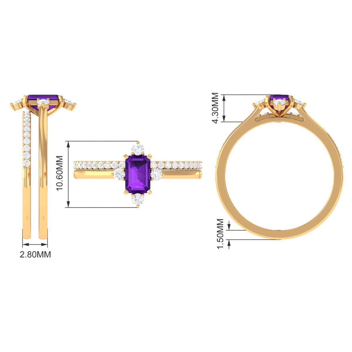 Amethyst and diamond wedding ring set with emerald cut amethyst center stone, showcasing Rosec Jewels rings for engagement.