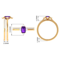 Amethyst and diamond wedding ring set with emerald cut amethyst center stone, showcasing Rosec Jewels rings for engagement.