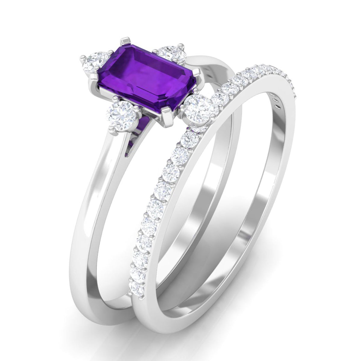 Rosec Jewels 1.4 Carat Amethyst emerald cut engagement and wedding ring set with diamond accents displayed on a white background.