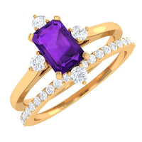 Rosec Jewels 1.4 Carat amethyst and diamond emerald cut engagement wedding ring set with silver band and intricate details.