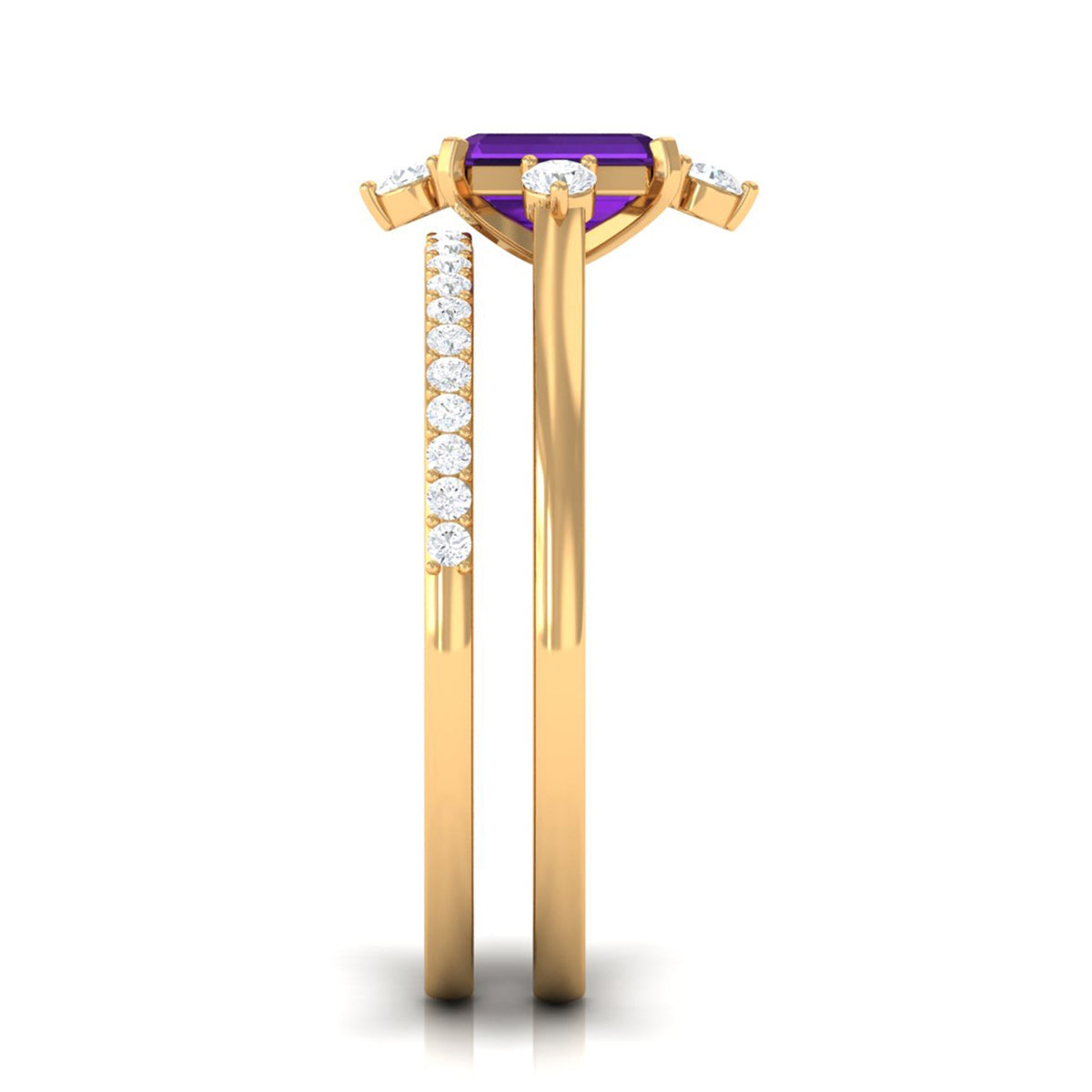 Emerald cut 1.4 carat amethyst engagement and wedding ring set with diamond accents by Rosec Jewels