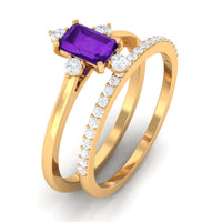 Rosec Jewels 1.4 carat amethyst emerald cut engagement and wedding ring set with diamond accents, showcasing elegant jewelry design.