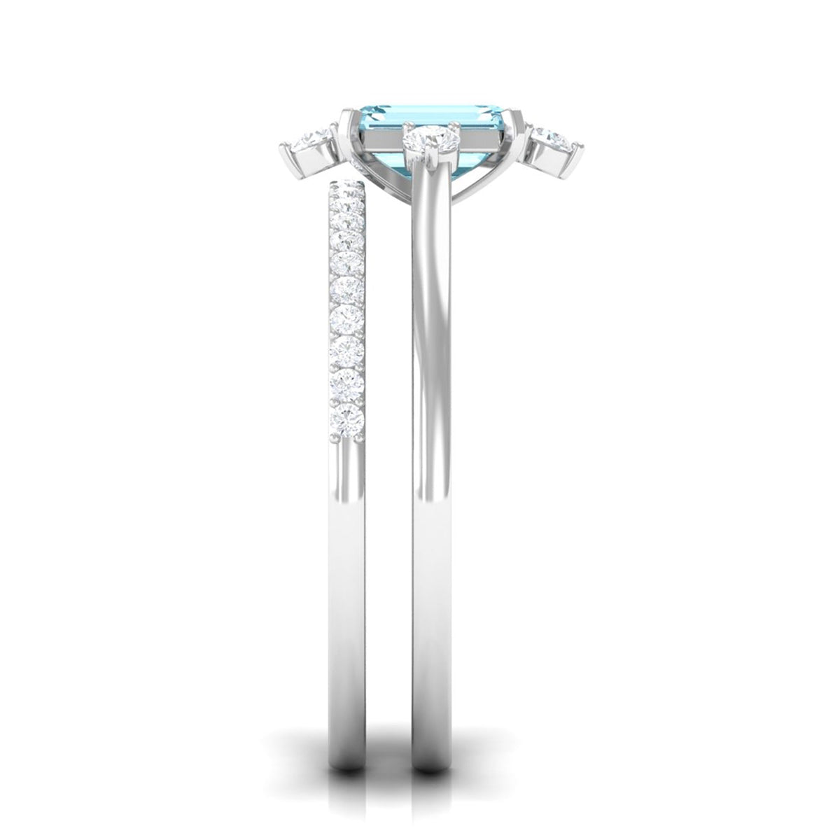 Emerald cut genuine aquamarine and diamond designer engagement ring set by Rosec Jewels, showcasing elegant rings with sparkling stones.