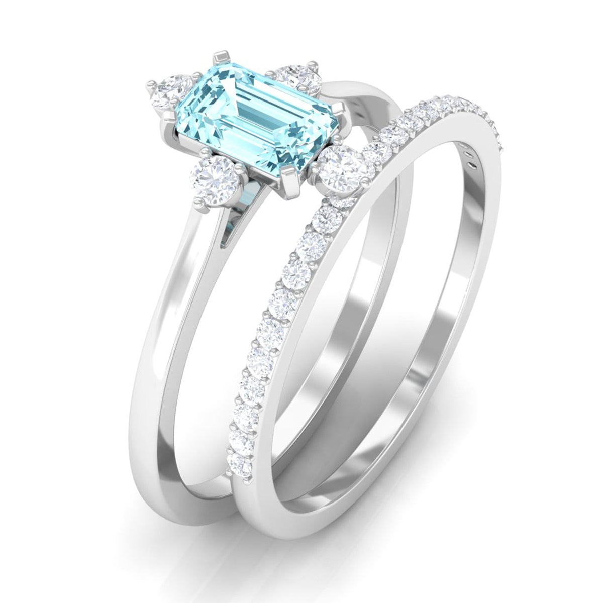 Emerald cut genuine aquamarine and diamond designer engagement ring set by Rosec Jewels, featuring elegant rings with sparkling stones