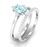 Emerald cut genuine aquamarine and diamond designer engagement ring set by Rosec Jewels, featuring elegant rings with sparkling stones