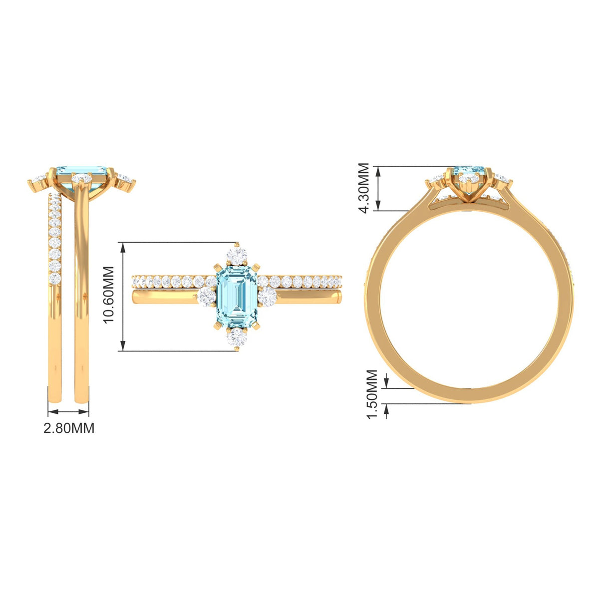 Emerald cut genuine aquamarine and diamond designer engagement ring set by Rosec Jewels, showcasing elegant jewelry craftsmanship.