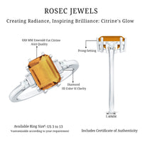 Certified Natural Citrine Emerald Cut Engagement Ring with Diamond