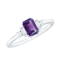 Emerald cut 1.4 carat amethyst engagement ring with diamond accents, featuring a rose gold band and intricate detailing.
