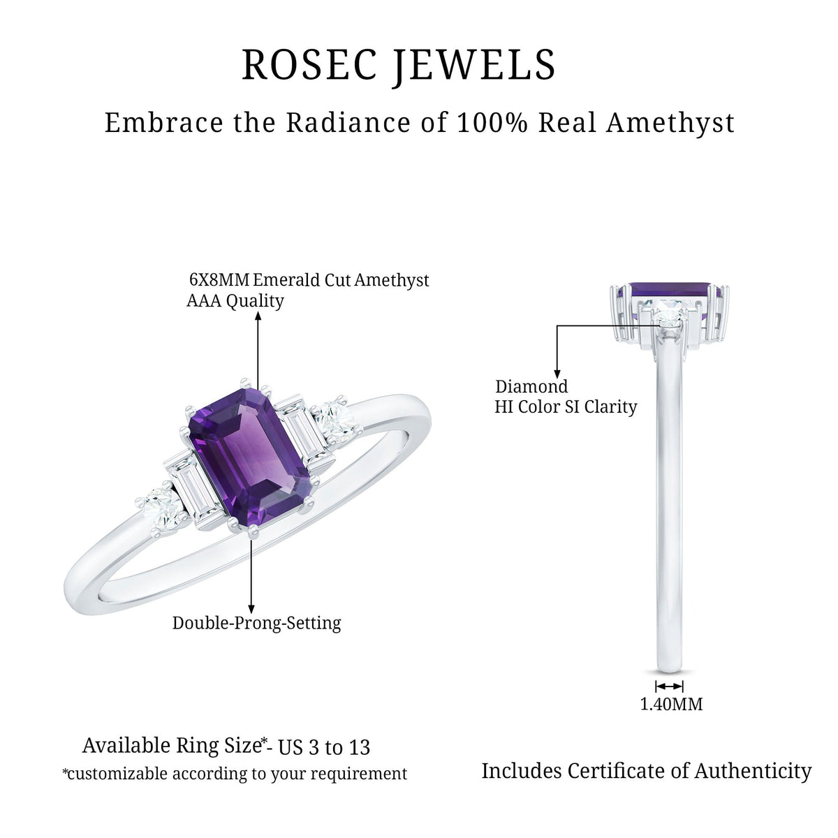 Emerald cut 1.4 carat amethyst engagement ring with diamond accents by Rosec Jewels, showcasing a sparkling gemstone and elegant band.
