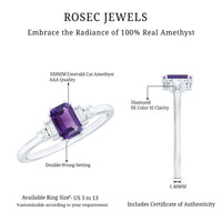 Emerald cut 1.4 carat amethyst engagement ring with diamond accents by Rosec Jewels, showcasing a sparkling gemstone and elegant band.