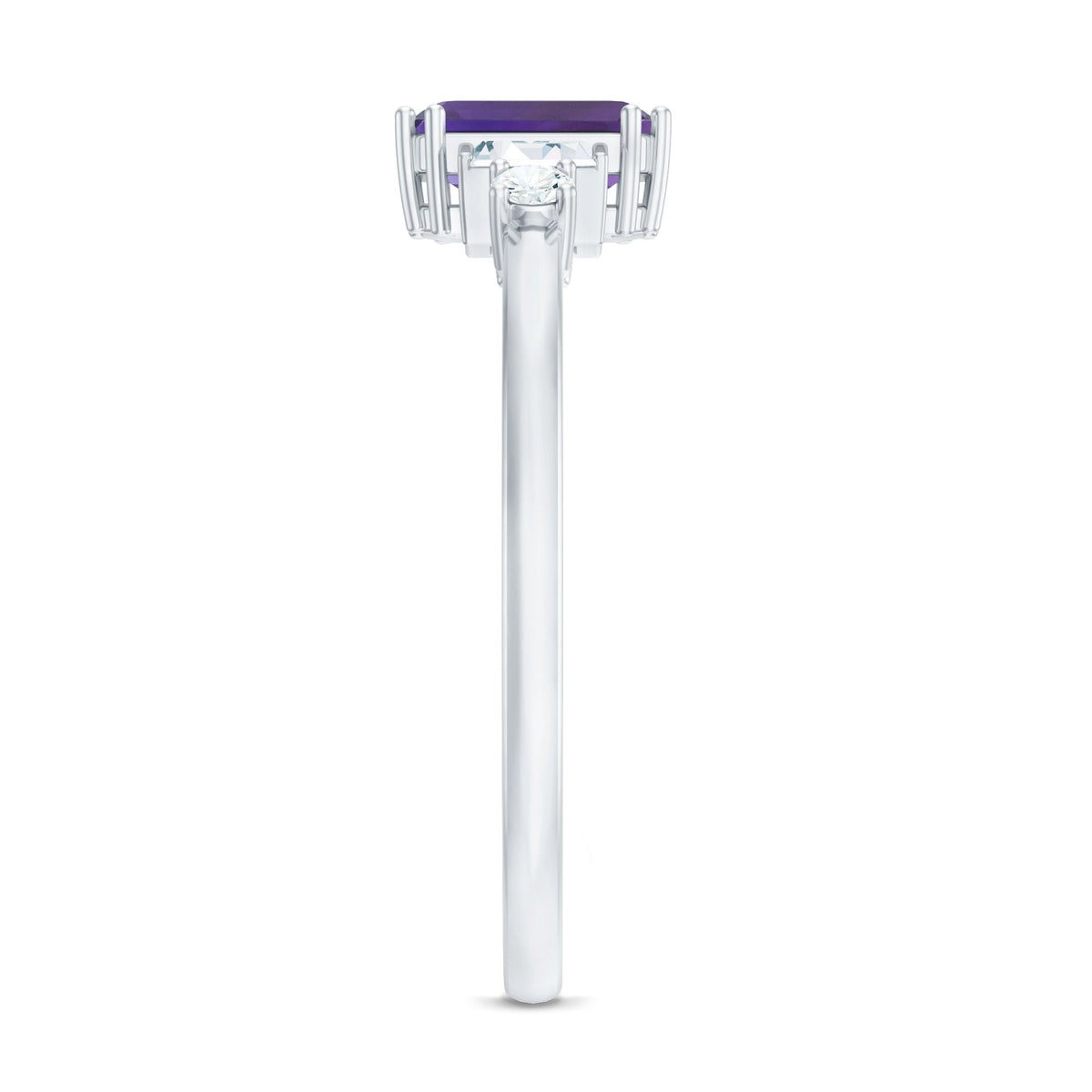 Rosec Jewels 1.4 carat amethyst emerald cut engagement ring with diamond accent, showcasing a vibrant purple gemstone and elegant band.