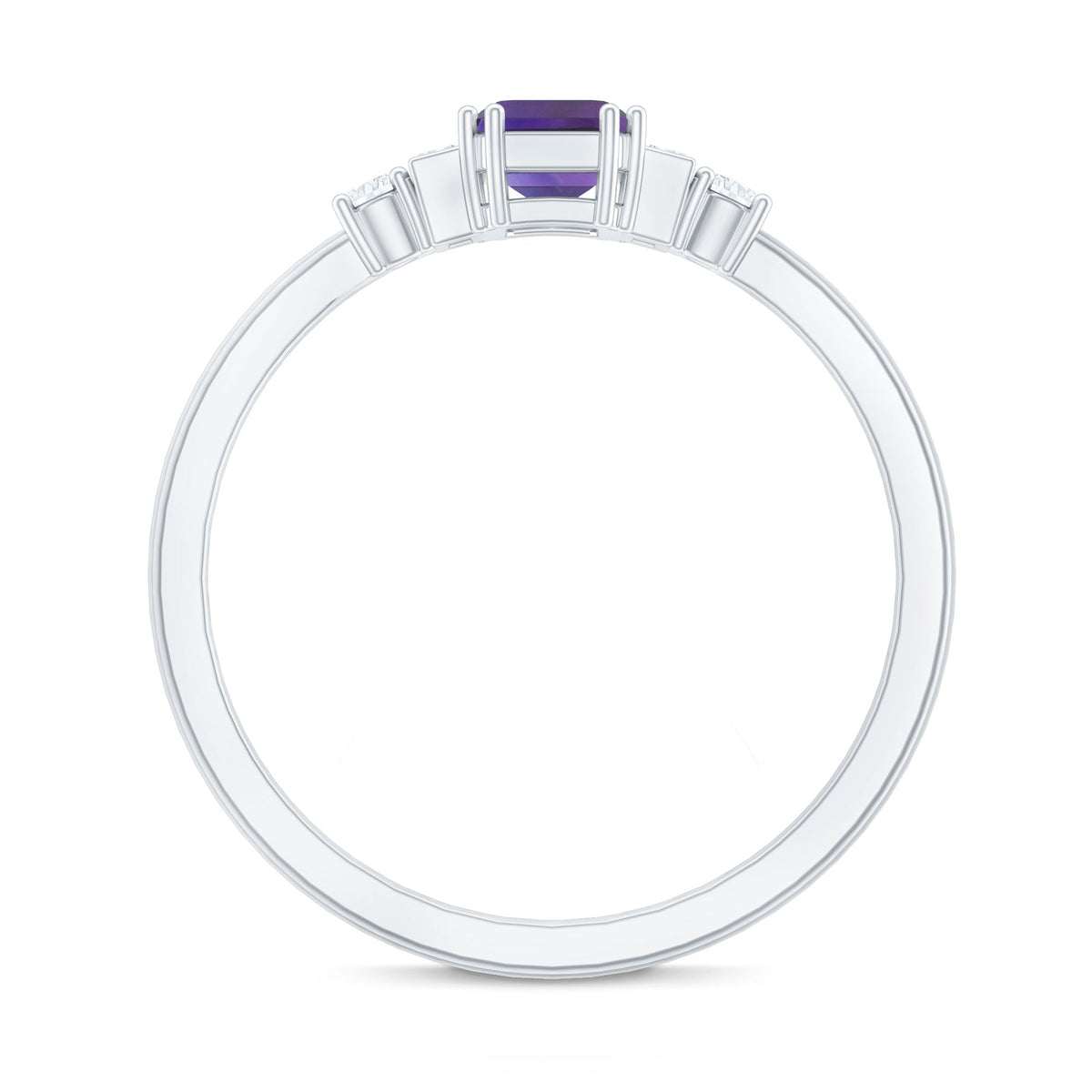 Emerald cut 1.4 carat amethyst engagement ring with diamond accents from Rosec Jewels, featuring a silver band and intricate detailing.