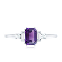 Emerald cut 1.4 carat amethyst engagement ring with diamond accents by Rosec Jewels, showcasing a silver setting and detailed design.