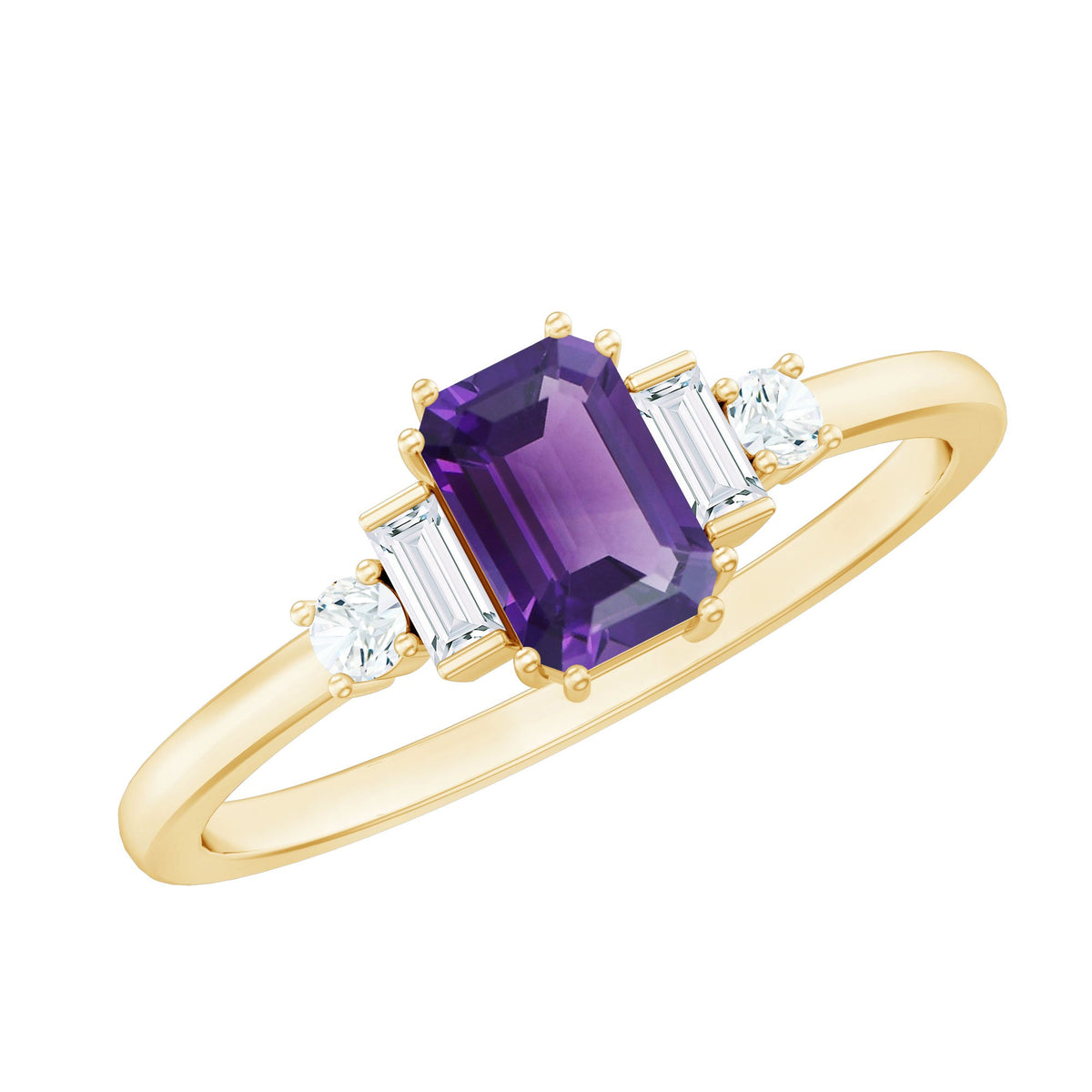 Amethyst emerald cut engagement ring with diamond accents by Rosec Jewels, showcasing a 1.4 carat purple gemstone and elegant band.