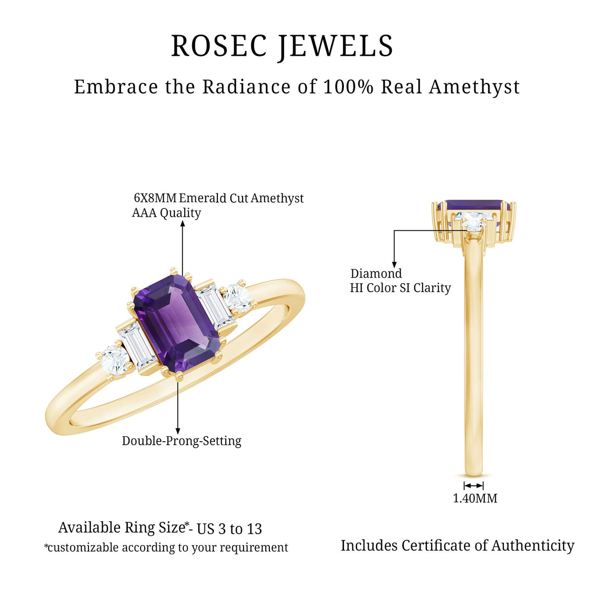 Emerald cut 1.4 carat amethyst engagement ring with diamond accents by Rosec Jewels, showcasing a stunning purple gemstone.