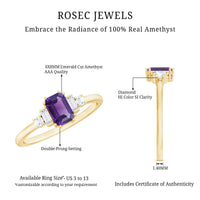 Emerald cut 1.4 carat amethyst engagement ring with diamond accents by Rosec Jewels, showcasing a stunning purple gemstone.