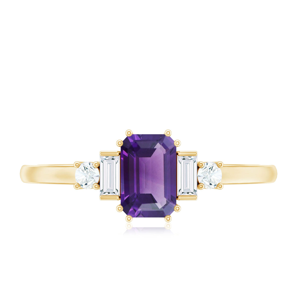 Emerald cut 1.4 carat amethyst engagement ring with diamond accents by Rosec Jewels, showcasing a silver band and intricate design.