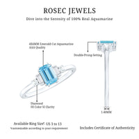 Emerald cut 0.6 carat aquamarine engagement ring with diamond accents from Rosec Jewels, showcasing elegant gemstone and fine band.