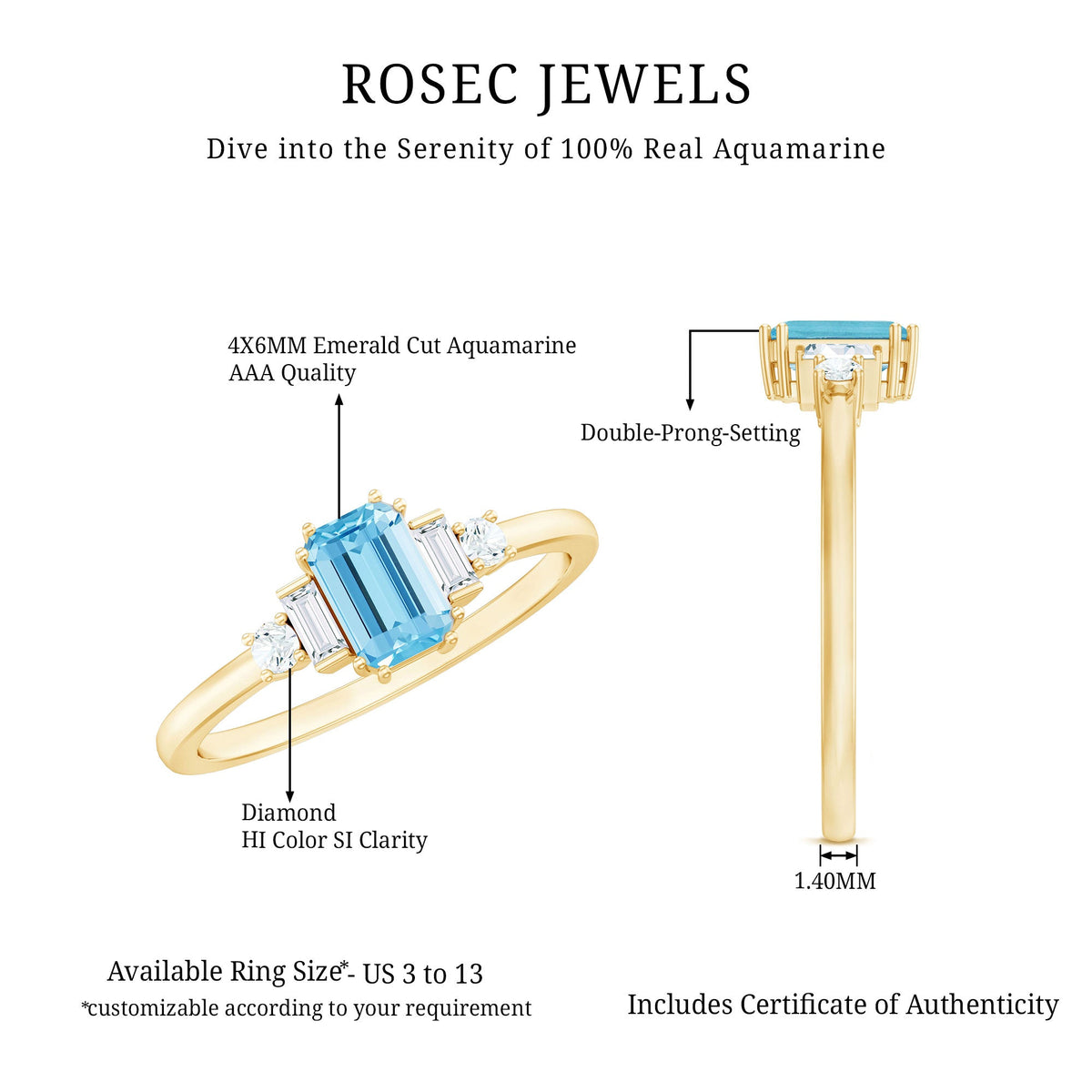Emerald cut 0.6 carat aquamarine engagement ring with diamond accents by Rosec Jewels, showcasing a sleek, elegant design.