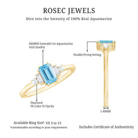 Emerald cut 0.6 carat aquamarine engagement ring with diamond accents by Rosec Jewels, showcasing a sleek, elegant design.