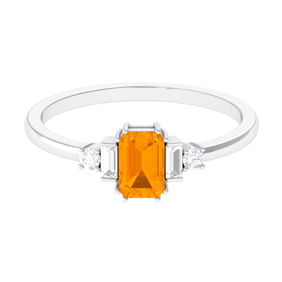 Emerald cut fire opal engagement ring with diamond accents by Rosec Jewels, showcasing the ring’s elegant design and vibrant gemstone.