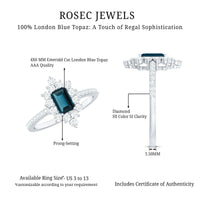 4X6mm Emerald Cut London Blue Topaz Antique Looking Engagement Ring with Diamond Halo