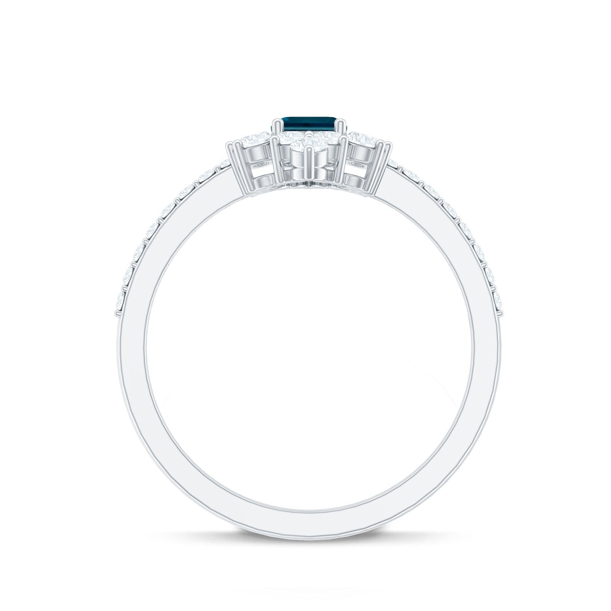 4X6mm Emerald Cut London Blue Topaz Antique Looking Engagement Ring with Diamond Halo