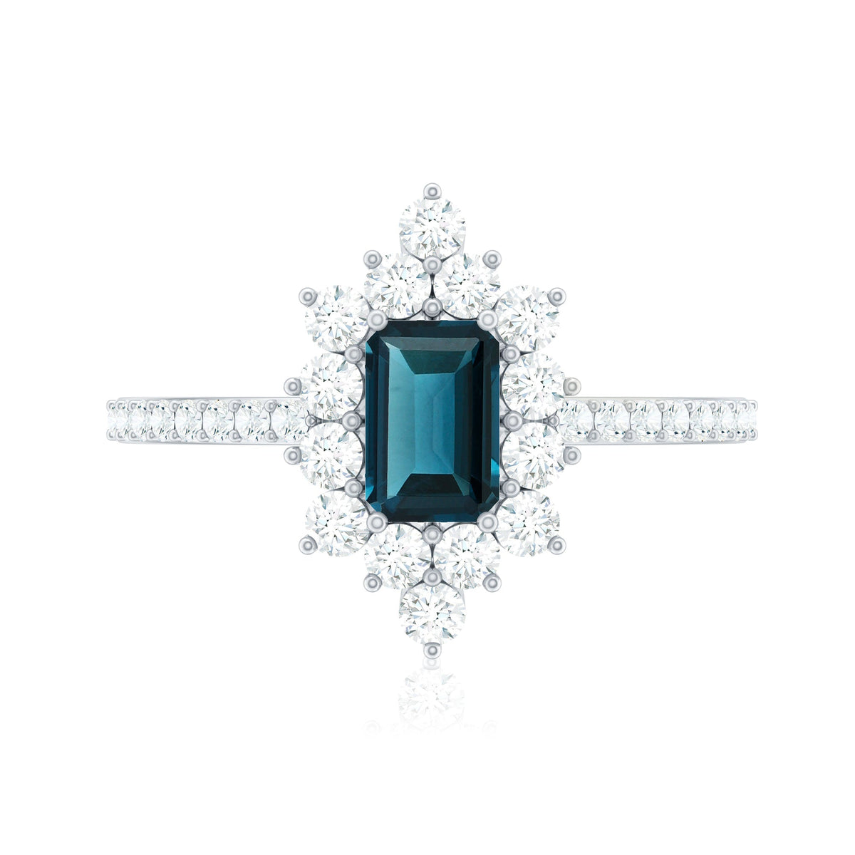 4X6mm Emerald Cut London Blue Topaz Antique Looking Engagement Ring with Diamond Halo
