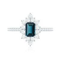 4X6mm Emerald Cut London Blue Topaz Antique Looking Engagement Ring with Diamond Halo