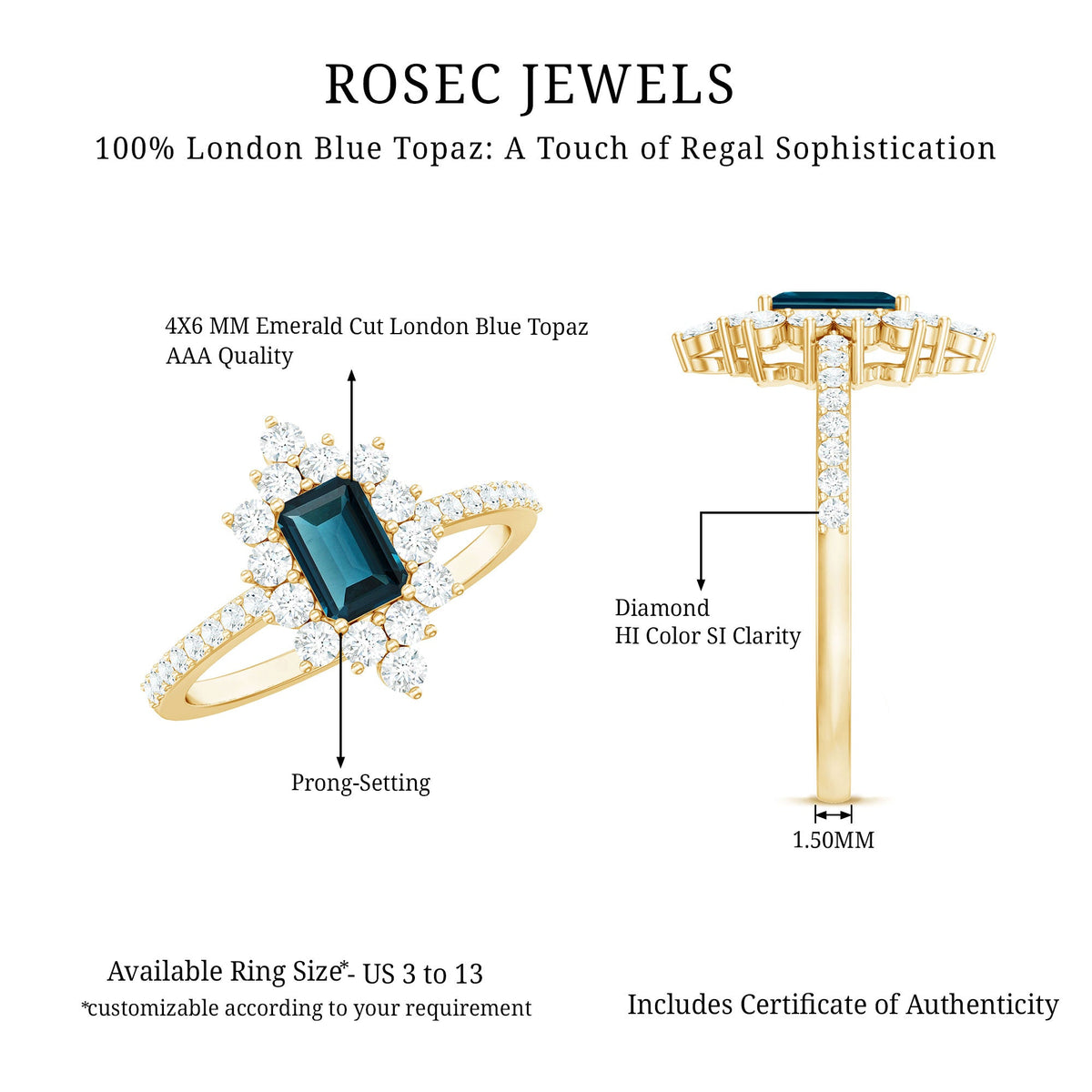 4X6mm Emerald Cut London Blue Topaz Antique Looking Engagement Ring with Diamond Halo